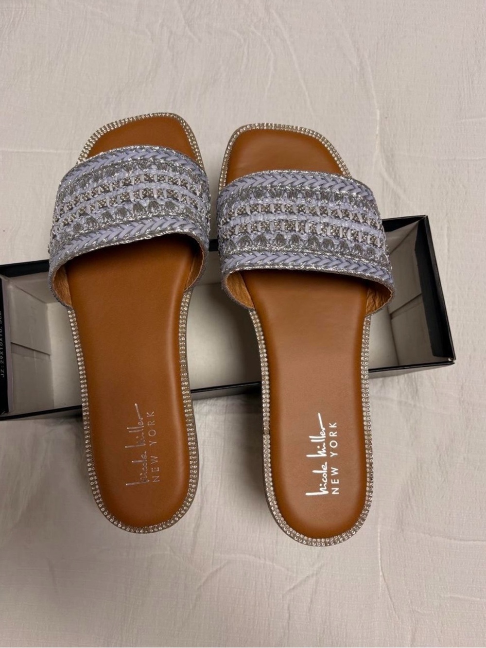 Nicole Miller Blue And Silver Braided Crystal-Trim Slide Sandals
